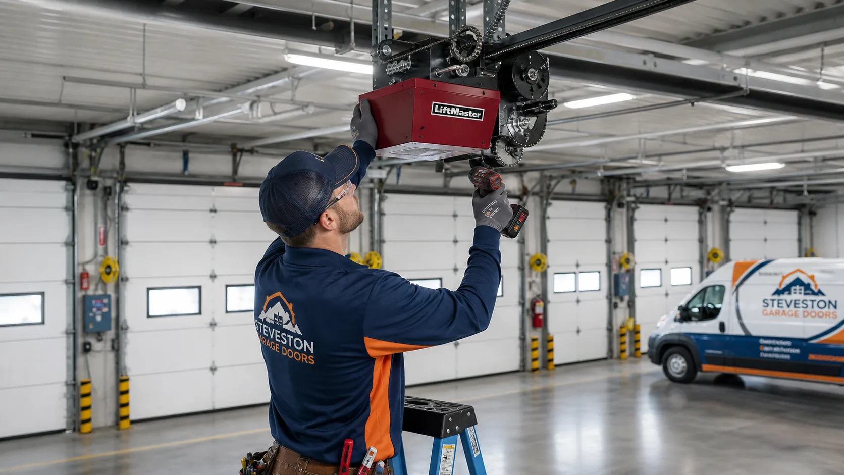Technician installing a commercial LiftMaster opener in Richmond