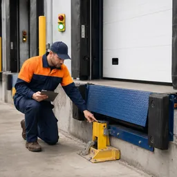 Service technician in hi-vis inspecting dock equipment with a tablet during a walk-through audit