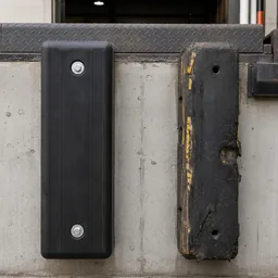 New laminated rubber dock bumper installed next to an old, worn, compressed bumper showing the replacement contrast