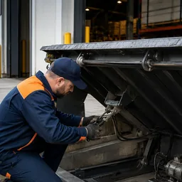 Service technician with toolbox repairing a hydraulic dock leveler