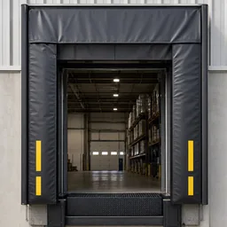 Foam compression dock seal installed around a warehouse dock door opening