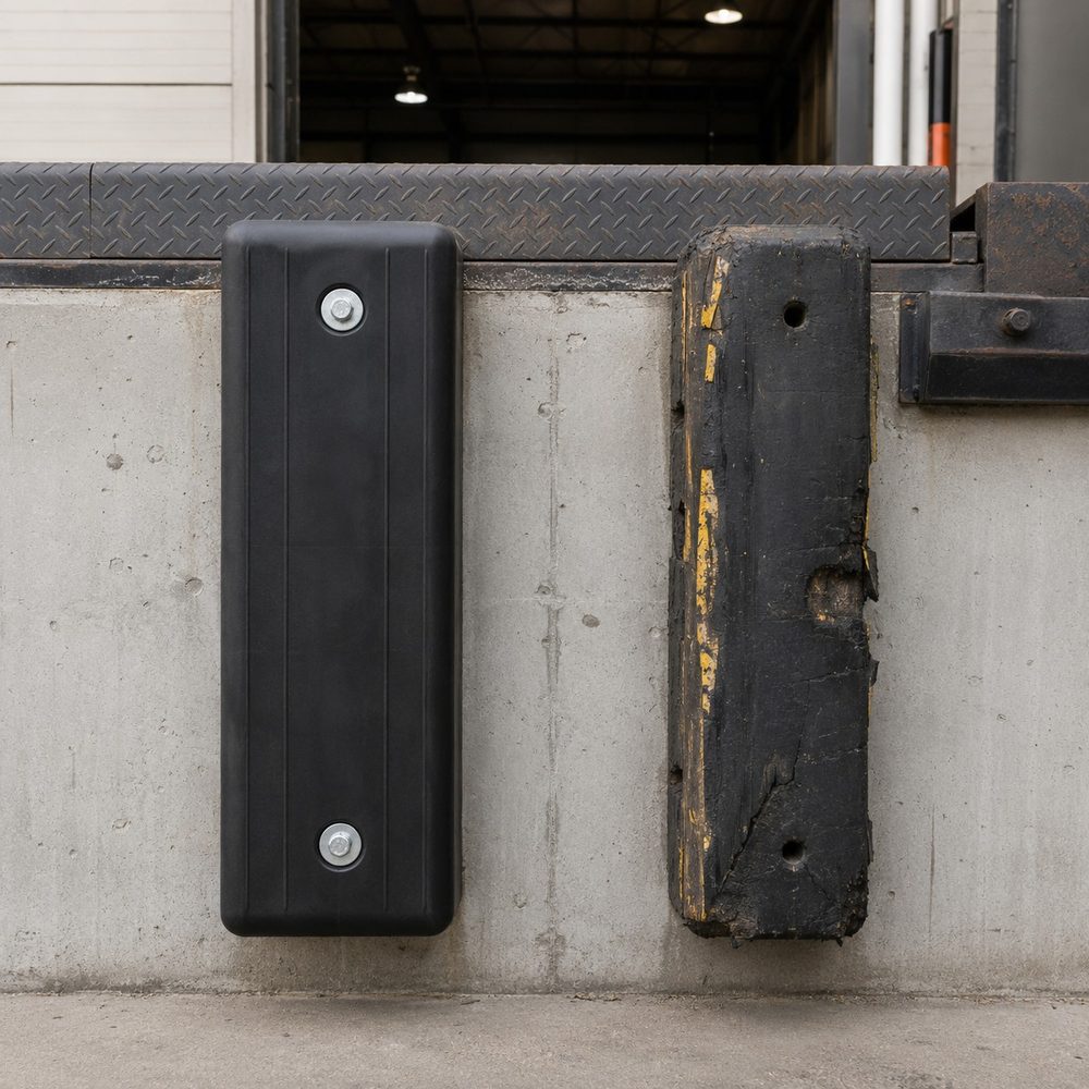 New laminated rubber 6-inch dock bumper installed next to an old, worn, badly compressed bumper showing why replacement is needed