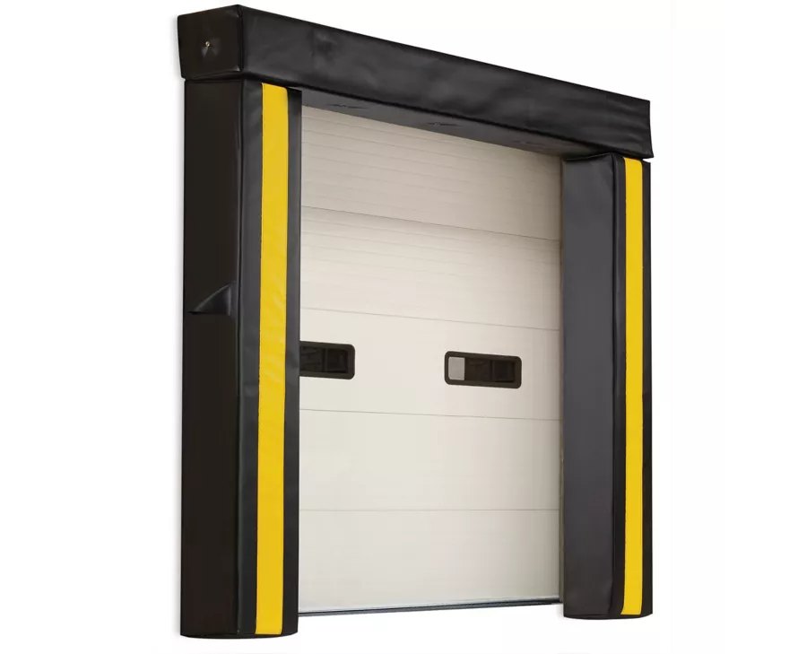 Universal head curtain installed above an existing dock seal closing the top air gap at the trailer roof