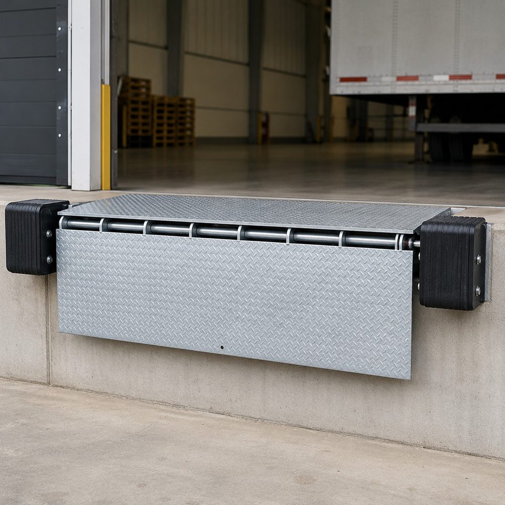 Edge-of-dock leveler bolted to a warehouse dock face with rubber bumpers on both sides