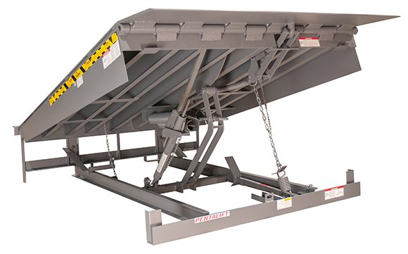 Pentalift Canadian-engineered hydraulic dock leveler in the raised position