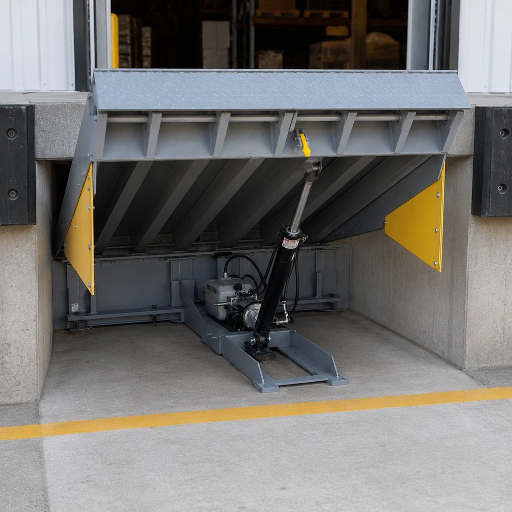 Hydraulic pit-style dock leveler in raised position showing hydraulic cylinder, pump, and steel frame