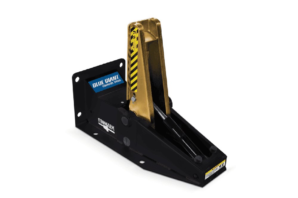 Blue Giant StrongArm Canadian-made vehicle restraint hook engaged with a trailer ICC bar