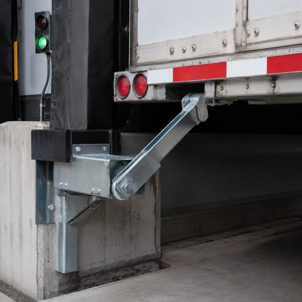 Hook-style vehicle restraint engaged with a trailer ICC bar, with red/green driver signal light mounted on the dock face