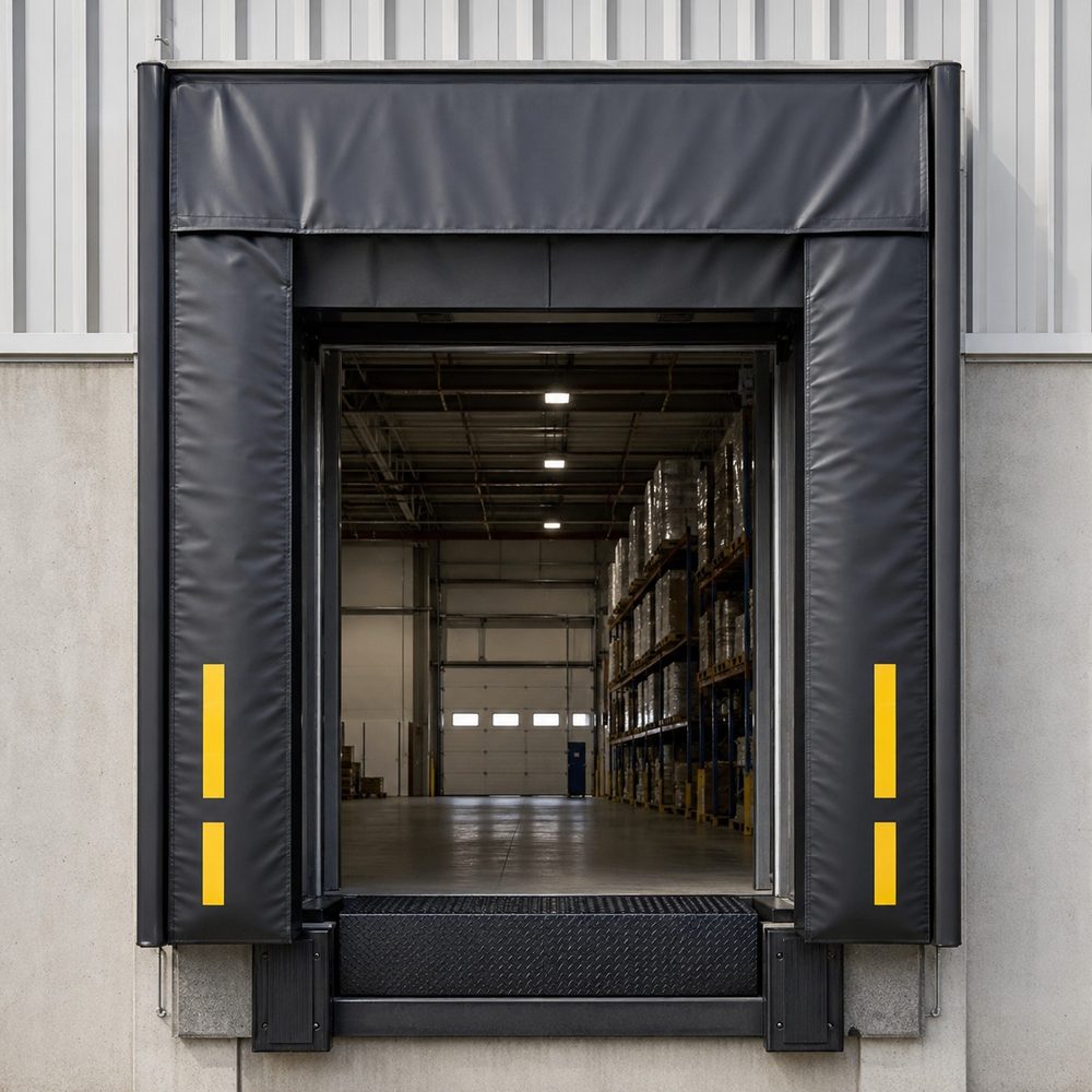 Foam compression dock seal installed around a warehouse dock door opening, with yellow trailer-alignment guide stripes