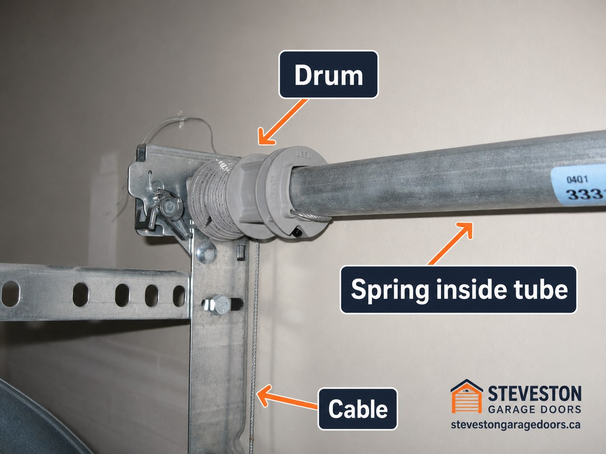 Wayne Dalton TorqueMaster enclosed spring system mounted above a residential garage door