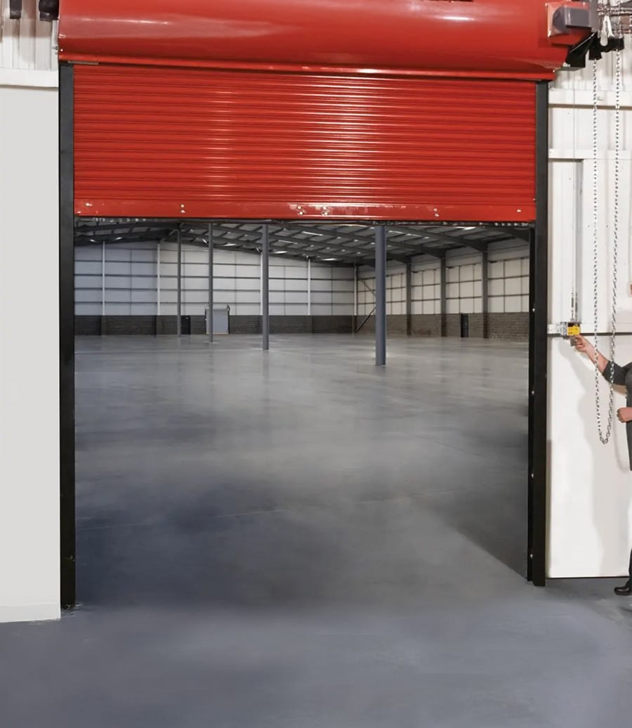CornellCookson FireGard fire-rated rolling door, hinge-edge fire label visible