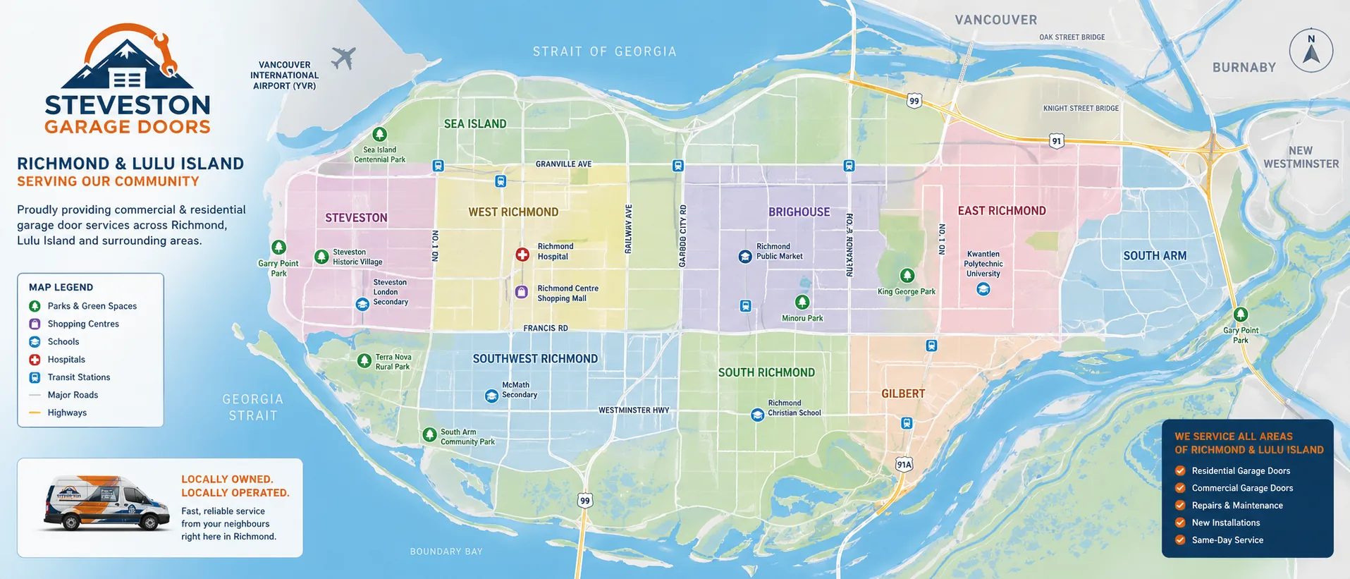 Map of Richmond and Sea Island neighbourhoods served by Steveston Garage Doors
